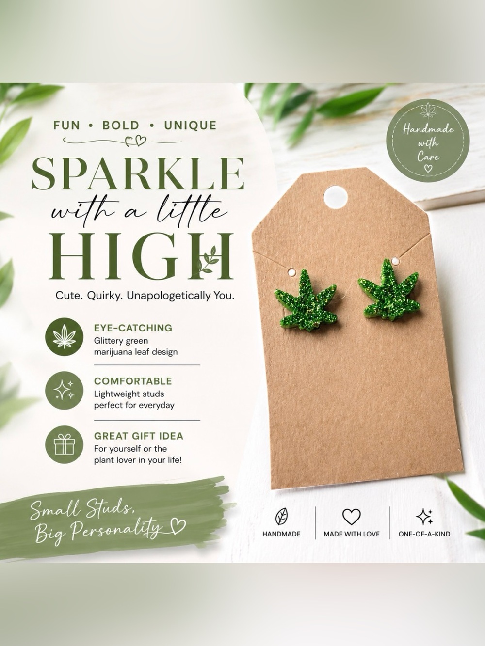 420 Green Glitter Leaf Stud Earrings Cannabis Theme